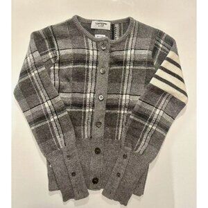Thom Browne Womens Wool Cardigan With Plaid Pattern Button Closure & Striped Sle